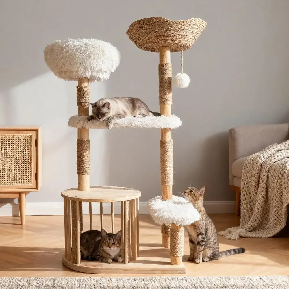Natural Wooden Cat Tower with  - Cat Scratching Post recension och pris
